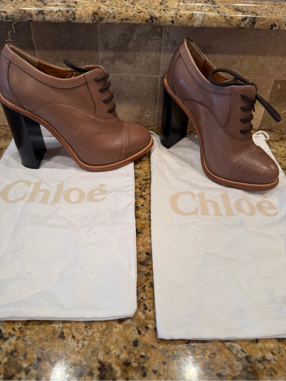 Chloe Brown Leather Lace-Up High Heel Oxfords